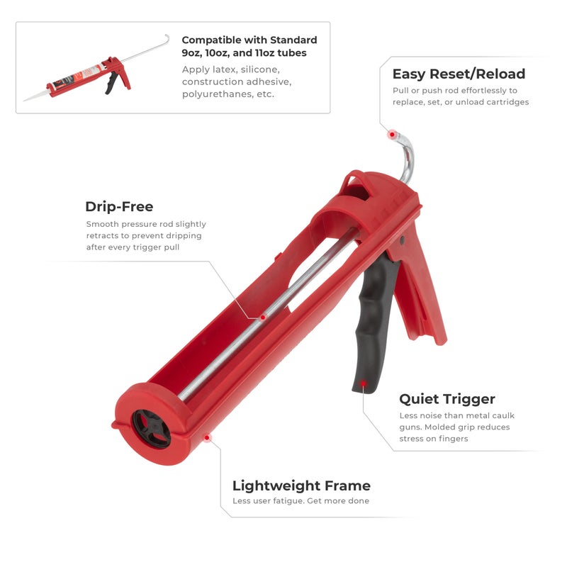 INTERTOOL Caulking Silicone Gun with 10 oz. Tube & 10:1 Thrust Ratio â€“ Drip-Free Lightweight Hand Caulk Gun Tool with Durable Plastic Body, Smooth Rod, Quiet Ratcheting HT-0027 - Image 2